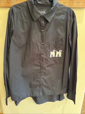 Anthropologie Maeve Black Collared Button Shirt with Poodles on Pocket Size XL